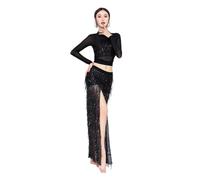 CLSQLXYJZC Ensemble Orientale Femme Halloween, Haut Extensible À Paillettes Et Élégant Jupe Longue Fendue Sur Le Côté Tenue De Danse Orientale Pour Halloween Ensemble Jupe D'entraînement(Black,L)