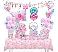CLTPY Lot de 115 pièces de vaisselle de fête en forme de papillon pour anniversaire fille de 8 ans - Vaisselle de fête - Ballons - Assiettes en carton - Bannière - Nappe pour décoration d'anniversaire