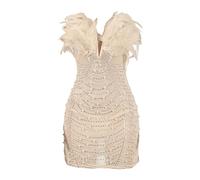 Club Wear - Robe à plumes sexy pour femme - Mini robe transparente avec strass - Pour événements, fêtes, retrouvailles, mariage, beige, S