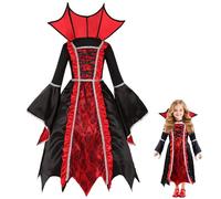 Clundoo Deguisement Vampire Fille, Halloween Costume Vampire Enfant Gothique Robe, Costume Royal de Vampire Deluxe Set, pour Carnaval Halloween Mardi Gras Fête Dracula Cosplay Party(S)