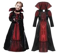 Clundoo Deguisement Vampire Fille, Halloween Costume Vampire Enfant Gothique Robe, Costume Royal de Vampire Deluxe Set, pour Carnaval Halloween Mardi Gras Fête Dracula Cosplay Party(M)