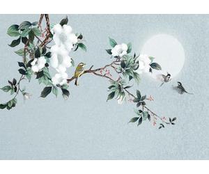 CLVIUJLBKLKSDD Papier Peint 300x210cm Fleurs Panoramique Soie Sur Mesure 3D Motif Chinois Paysage Silver Moon Branches Fleurs Blanches Oiseaux Volants Zen Poster Geant Mural