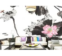CLVIUJLBKLKSDD Papier Peint Panoramique 3d Feuilles Noir Et Blanc 200cmx140cm Paysages Chinois À L'Encre De Chine Avec Des Fleurs De Lotus Tableaux Muraux Tapisserie Chambre Salon Décoration Murale