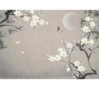 CLVIUJLBKLKSDD Papier Peint Panoramique 3d Fleurs De Magnolia Chinois 350cmx250cm Lune Brillante Arbres Fleuris Blancs Vintage Tableaux Muraux Tapisserie Chambre Salon Décoration Murale