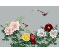 CLVIUJLBKLKSDD Papier Peint Panoramique 3d Fleurs De Pivoine 430cmx300cm Fleurs Et Oiseaux Dorés Colorés Tableaux Muraux Tapisserie Chambre Salon Décoration Murale