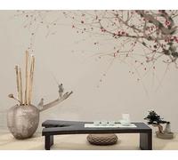 CLVIUJLBKLKSDD Papier Peint Panoramique 3d Fleurs De Prunier Rouges 200cmx140cm Paysages D'Inspiration Zen Chinoise Avec Des Bateaux De Pêche En Mer Tableaux Muraux Tapisserie Chambre Salon Décoratio