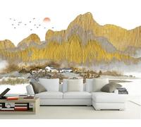 CLVIUJLBKLKSDD Papier Peint Panoramique 3d Montagnes Dorées 150cmx105cm Paysages De Montagnes Villages Et Rivières De Style Chinois Tableaux Muraux Tapisserie Chambre Salon Décoration Murale