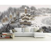 CLVIUJLBKLKSDD Papier Peint Panoramique 3d Paysage Arbre Noir Et Blanc 430cmx300cm Rues De Villages Ruraux Sous La Neige Tableaux Muraux Tapisserie Chambre Salon Décoration Murale