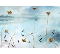 CLVIUJLBKLKSDD Papier Peint Panoramique 3d Paysage Naturel Bleu 430cmx300cm Lotus Doré D'Inspiration Zen Dans Un Étang Chinois Tableaux Muraux Tapisserie Chambre Salon Décoration Murale