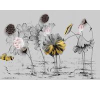 CLVIUJLBKLKSDD Papier Peint Panoramique 3d Vue Sur L'Étang En Noir Et Blanc 250cmx175cm Lotus Doré Feuilles À L'Encre De Chine Tableaux Muraux Tapisserie Chambre Salon Décoration Murale