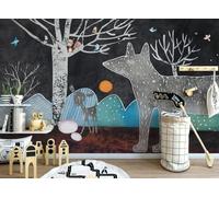 CLVIUJLBKLKSDD Papier Peint Panoramique Animaux Dessin Animé 200cmx140cm Paysage Nocturne Avec Élan Meute De Loups Et Grand Arbre Tableaux Muraux Tapisserie Chambre Salon Décoration Murale