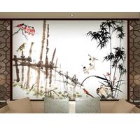 CLVIUJLBKLKSDD Papier Peint Panoramique Bambou Noir Et Blanc 200cmx140cm Clôture Pastorale Avec Fleurs Et Oiseaux Tableaux Muraux Tapisserie Chambre Salon Décoration Murale