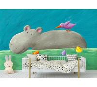 CLVIUJLBKLKSDD Papier Peint Panoramique Dessins Animés Pour Enfants 250cmx175cm Hippopotame De Style Cartoon Peint À La Main Au Bord D'Un Lac Tableaux Muraux Tapisserie Chambre Salon Décoration Mura