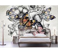 CLVIUJLBKLKSDD Papier Peint Panoramique Noir Et Blanc Fleurs 150cmx105cm Papillons Floraux Européens Vintage Tableaux Muraux Tapisserie Chambre Salon Décoration Murale