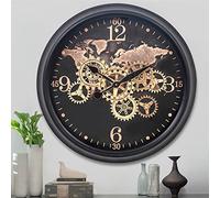 CLXEAST 24 inch Moving Gear Wall Clock with World Map Pattern,Large Black Gold Metal Wall Clock for Modern Farmhouse Living Room Decor,Reloj De Pared Para Sala
