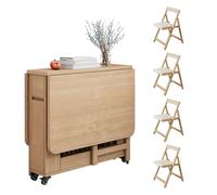 CLXRZM 150cm Ensemble de Table à Manger Pliante, Table Cuisine Économise de I'espace avec 4 Chaises, Table à Manger Extensible en Bois avec roulettes (Bois)