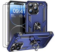 CLYDITE Coque pour Iphone 15 Pro étui Protection avec 2 Verre Trempé 360°Rotatif Anneau Support Robuste Antichoc Militaire PC et TPU Silicone Bumper Bleu