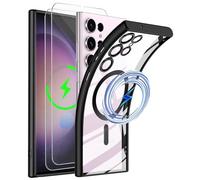 CLYDITE Magnétique Coque pour Samsung Galaxy S24 Ultra Coque pour MagSafe étui avec 2 Verre Trempé Silicone Transparente avec Protection d'objectif Tout Compris Antichoc Bumper-Noir