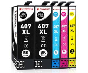 Clywenss 407XL Cartouches d'encre Compatibles avec Epson 407 XL Multipack pour Workforce Pro WF-4745DTWF WF-4745 WF4745 DTWF WF4745DTWF Imprimante, Lot de 5 (2 Noir, 1 Cyan, 1 Magenta, 1 Jaune)