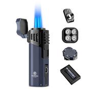 CLZOONG Briquet à Cigares 4 Flammes Butane Rechargeable avec Trousse-Cigare et Porte-Cigare Intégré 3 in 1 Briquet Torche Anti-Vent Fenêtre Transparente pour Maison et Extérieur(sans Butane) (Bleu)
