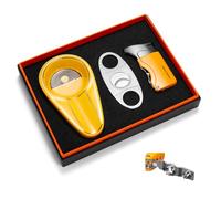 CLZOONG Set d'accessoires pour cigares avec Coupe-Cigare Guillotine en Acier Inoxydable, Briquet Coupe-Vent et cendrier en céramique (sans gaz) (Yellow)