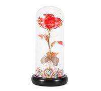CLZothique Lampe LED innovante en forme de rose, décoration lumineuse romantique en forme de fleur, rose artificielle « Forever Bloom » avec base en bois et couvercle en verre pour mariage, a (Rouge)