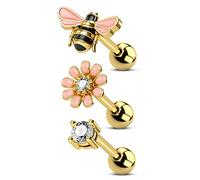 CM Crareesi Mania Lot de 3 boucles d'oreilles pour cartilage en forme d'abeille en acier inoxydable 316L 16 g - Bijoux de piercing pour cartilage