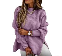 CM20 Pull en tricot pour femme, automne et hiver, col mi-haut, ample, couleur unie, manches longues, pull épais avec fentes latérales (S violet)