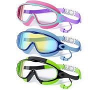 CMBJJU Lot de 3 paires de lunettes de natation pour enfants avec bouchons d'oreilles - Large monture anti-buée/UV - Lunettes de natation pour garçons et filles de 4 à 12 ans (lot de 3, violet, bleu