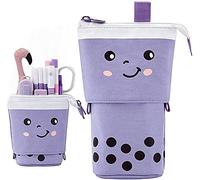 Cmeilau Mignon Bubble Tea Pencil Case Titulaire Télescopique Sac De Papeterie, Porte-Stylo Debout Cosmétiques Rétractable, avec Sourire Visage Dot Organisateur pour Étudiants Femmes Adultes Mauve