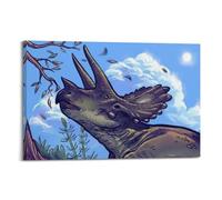 CMHONLY Impression sur toile représentant un tricératops représentant un animal regardant vers le haut pour manger des feuilles sous le ciel bleu - Décoration murale moderne - 60 x 90 cm - Style cadre