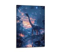 CMHONLY Poster mural moderne sur toile avec cadre - Brontosaure lumineux dans la nuit - Décoration murale - 50 x 75 cm