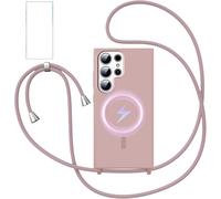 Cmjaagur-Coque Pour Samsung Galaxy S25 Ultra Avec Cordon Et Verre Trempé, Coque S25 Ultra 5g Magnétique Avec Mag-Safe Etui En Silicone Souple, Chaîne Ultra Fine En Microfibre Avec Collier (Rose)[J2027