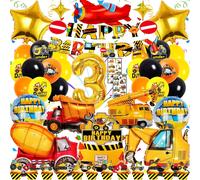 CMJAAGUR-Decoration Anniversaire Chantier 3 Ans Garçon - 48 Pièces Kit Thème Véhicules De Construction - Xxl Ballons Excavatrice, Bannièr, Décorations Gâteau, Tatouage Autocollants - Pour Fê[M150]