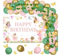 Cmjaagur-Décoration D'anniversaire Féérique Pour Fille, Toile De Fond « Happy Birthday » - Kit D'arche De Ballons - Autocollants Muraux Papillons - Guirlande De Feuilles Vertes Artificielles[M1674]
