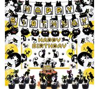 Cmjaagur-Kit De Décoration De Fête D'anniversaire Pour Chat Noir Avec Motif Chat Contient 5 X 3 Pieds De Fond Noir Chat Bannière Happy Birthday Bannière Décoration Gâteau Cupcake Décorations[M2035]