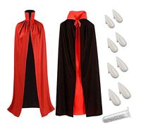 CMJBUHR Cape Vampire,Noir Rouge Cape Diable Réversible,Deguisement Halloween Dracula Médiéval 140cm, 8pcs Dentiers De Vampire,1 Bouteille d'Anneau Dentition