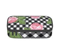 CMJSGG Imprimer des Roses sur Un Plaid Noir et Blanc, Trousse à Crayons, Trousse à Crayons, Trousse à Crayons de Grande capacité, Trousse à cosmétiques