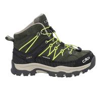 CMP Kids Rigel Mid Bottes de trekking imperméables, vertes avec jaune fluo, daim, membrane CLIMA PROTECT, laçage rapide, semelle FullOn Grip, Vert foncé avec jaune fluo, 29 EU