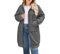 CMTOP Longue Sweat Zippé Femme Cotton Chaud Veste à Capuche Oversize Casual Manteau en Polaire Grand Taille avec Poches Hoodie Chic et élégant Automne Hiver Outerwear(Gris foncé, 3XL)