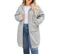 CMTOP Longue Sweat Zippé Femme Cotton Chaud Veste à Capuche Oversize Casual Manteau en Polaire Grand Taille avec Poches Hoodie Chic et élégant Automne Hiver Outerwear(Gris Clair, 3XL)