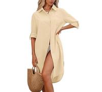 CMTOP Robe de Plage Femme Longue Cache Maillot de Bain Col V Été Robe Chemise Boutonnée Loose Cache-Maillots Tunique de Plage en Coton Décontractée Bikini Cover Up(Sable, S)