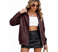 CMTOP Veste Femme Cuir Blouson Femme PU Simili Cuir, Décontractée Mode Y2K Veste mi Saison, Motard Biker Bombers Blousons Léger Zippé Jacket avec Poches pour Printemps Automne(Rouge Violacé,XL)
