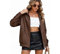 CMTOP Veste Femme Cuir Blouson Femme PU Simili Cuir, Décontractée Mode Y2K Veste mi Saison, Motard Biker Bombers Blousons Léger Zippé Jacket avec Poches pour Printemps Automne(Brun,M)