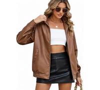 CMTOP Veste Femme Cuir Blouson Femme PU Simili Cuir, Décontractée Mode Y2K Veste mi Saison, Motard Biker Bombers Blousons Léger Zippé Jacket avec Poches pour Printemps Automne(Kaki,L)