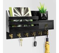 Cmwx-Boîte À Clé Murale En Bois, Porte Clef Maison Noir, Support Courrier Mural Avec 6 Crochets Et Étagère, Armoire Rangement À Clé Décoratif, Pour Entrée Cuisine Couloir Bureau, 30x16.8cm