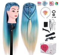 Cmwx-Tete A Coiffer, 75 Cm/ 29,5'' Tête À Coiffer Professionnel, Cheveux 100% Synthétiques, Têtes D'exercice Mannequin Poupée Pour Le Salon Avec Support + Ensemble De Tresse, Bleu Clair + Beige