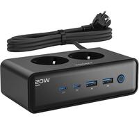 CMWX-VOOMY Multiprise avec Interrupteur & USB-C 20W Rapide, 2 USB-C, 2 USB-A, 2 Prises Secteur, Rallonge Electrique 2m, Multiprise parafoudre et surtension (Noir, 20W)