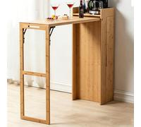 CMYAOYC Table de Bar Pliable avec Meuble de Rangement, Table Haute en Bois Massif, Bureau Convertible avec Porte-Bouteilles Dissimulé pour Petits Appartements(Natural)