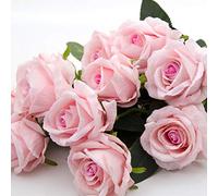 cn-Knight 12pcs Artificielle Rose en Soie Real Touch Blossom en Velours Fleur Bouquets de Faux Pour Mariage,Mariée et Demoiselles D'honneur,Bureau à Domicile Hôtel Décor, Fête,Table(Rose Clair)